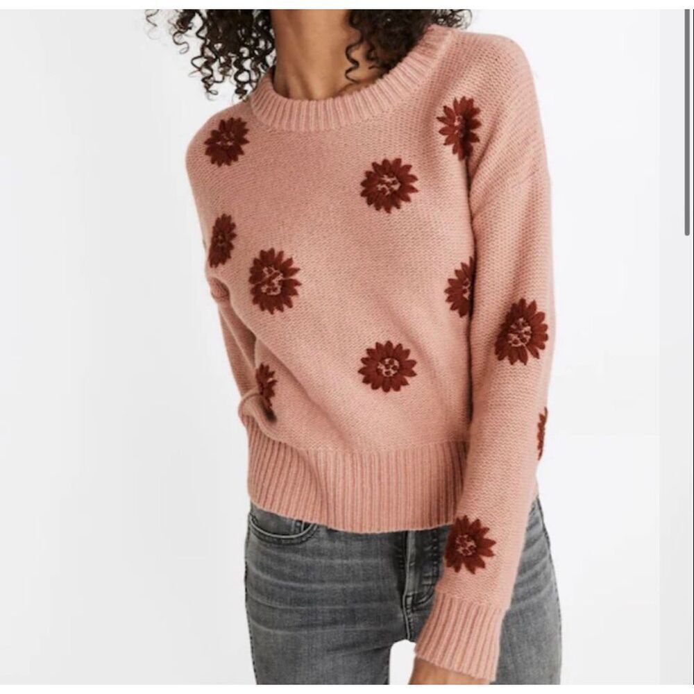 Madewell‎ Flower Embroidered Pullover Sweater size Medium Peach Pink Merino Wool